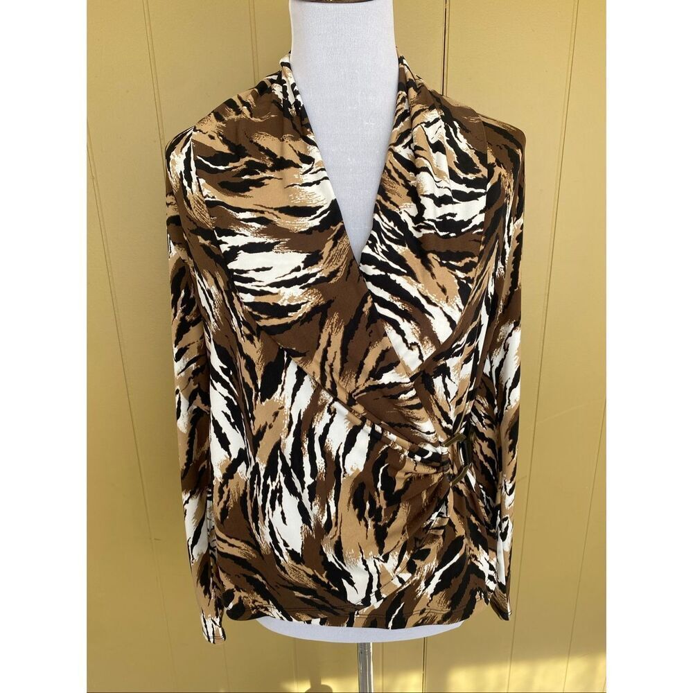 Cache women L fitted side drape v-cut neck longsleeve blouse